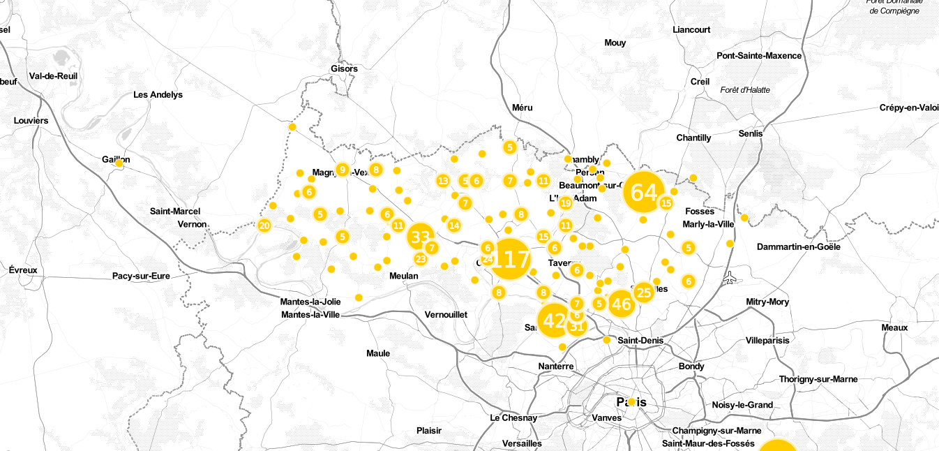  Carte du nombre de film présents tournés dans le Val d’Oise, par ville. https://clombion.cartodb.com/viz/e1885d00-d3a6-11e4-b5a2-0e018d66dc29/public\_map